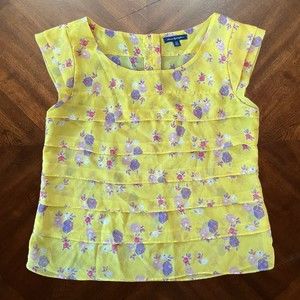 American Eagle Womens Yellow Floral Layered Blouse Cap Sleeve Sz M